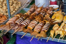 Grilled Squid At Chatuchak Weekend Market In Bangkok, Thailand