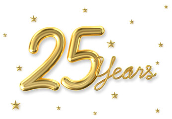 3d golden 25 years anniversary celebration with star background. 3d illustration.