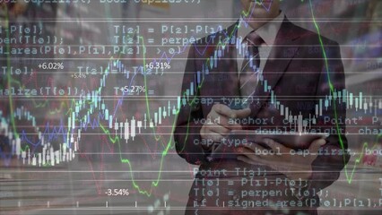 Poster - Animation of financial graphs and data over midsection of caucasian businessman with tablet