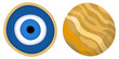 Vector bright illustration two circle amulets, evil eye and golden. Isolated on white background.