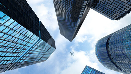 Sticker - Low angle of modern skyscrapers against the sky and a plane