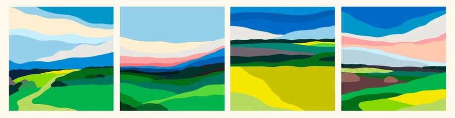 Set of four abstract Landscapes. Colorful sky, field, grass, green hills, horizon. Flat design. Nature, tourism, travel concept. Hand drawn trendy Vector illustration. Square backgrounds
