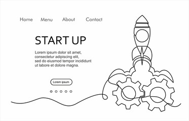 Poster - continuous line drawing of gears, lights idea and Rocket launch, ship.Continuous line drawing. Startup business. Vector illustration. Isolated on white background. 