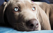 Closeup shot of the Weimaraner type puppy with blue eyes and a brown snout
