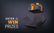 Open Gift Box on dark background. Enter to Win Prizes. Vector Illustration