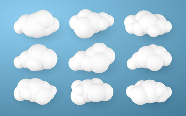 Wall Mural - 3d white clouds. set of round cartoon fluffy clouds isolated on a blue background. vector illustrati