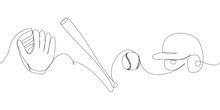 Baseball Set With Helmet, Bat, Ball, Glove One Line Art. Continuous Line Drawing Of Sport, Hardball, Softball, Sports, Activity, American, Game, Training, Competitive, Leisure, Professional Play