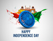 Indian happy Independence Day celebrations with flying pigeon, text and Ashoka Wheel.