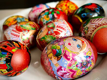 Closeup Shot Of Orthodox Easter Decorated Eggs With Illustrations Of Matryoshka