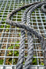 Sticker - Vertical shot of an old thick rope on a metal grid in a garden