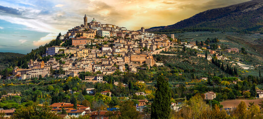 Poster - Traditional scenic countryside of Italy and famous medieval hilltop villages of Umbria - Trevi town over sunset, Perugia province