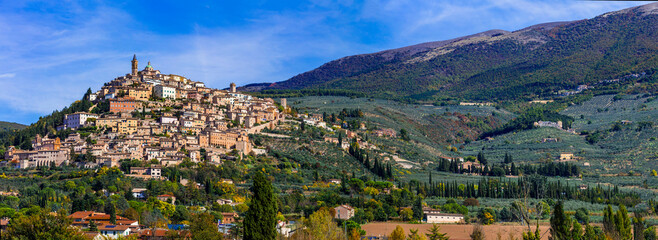 Poster - Traditional scenic countryside of Italy and famous medieval hilltop villages of Umbria - Trevi town, Perugia province