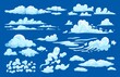 Cumulus clouds. Cartoon game UI 2D asset, summer cloudy sky background, sprite set of vapor fog mist and smoke. Vector cirrus and noctilucent clouds isolated set