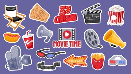 Cinema elements. Cartoon movie production and cinema theater 3D stickers of clapper popcorn camera tickets film bobbin. Vector motion picture icons isolated set