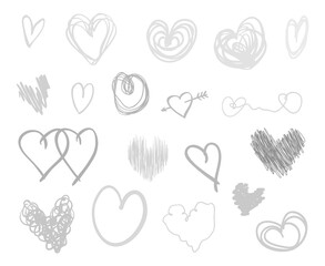 Wall Mural - Hand drawn hearts on isolated white background. Set of love signs. Unique image for design. Line art creation. Black and white illustration. Elements for poster or flyer