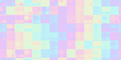 Wall Mural - Seamless soft futuristic holographic neon pastel unicorn square mosaic background pattern. Trendy iridescent rainbow chrome foil texture. Modern pearlescent blurry abstract magical fairy 3D rendering.