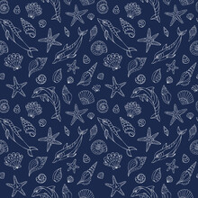 Seamless Vector Pattern With Sketch Of Dolphins And Sea Shells. Sea Seamless Vector Pattern. Decoration Print For Wrapping, Wallpaper, Fabric.