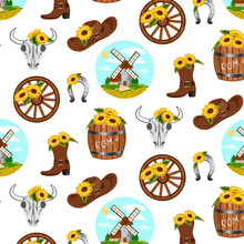 Elements Of Cowboy Decor With Sunflowers. Hat, Boots, Horseshoe And Barrel Decorated With Sunflowers On A Transparent Background In A Vector Pattern.