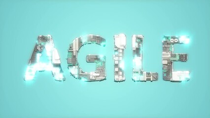 Poster - bright electrical light shining blue cybernetic text AGILE - loop video