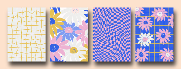 Vector set of Groovy hippie 70s backgrounds. Checkerboard, chessboard, mesh, waves patterns. Twisted and distorted vector texture in trendy retro psychedelic style. Y2k aesthetic.