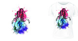 Fototapeta Motyle - t-shirt design, 3 girl line drawing and color splash