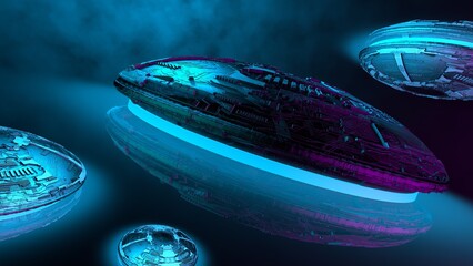 Spacecraft armada. Science fiction battleships. Alien spaceship design. U.F.O.s with technical surface and complex shapes. Unidentified flying objects. 3D rendering