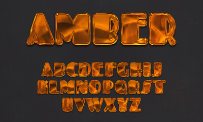 Amber alphabet with capital letters, glossy 3D display font isolated on black background, bold typeface, gemstone abc, creative uppercase typography for luxury and jewelry concepts 