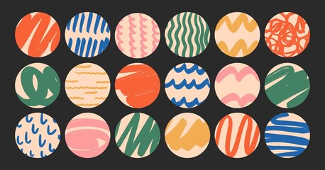Wall Mural - Set of round Abstract colorful Backgrounds or Patterns. Hand drawn doodle shapes. Spots, drops, curves, Lines. Contemporary modern trendy Vector illustration. Posters, Social media Icons templates.