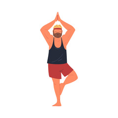 Wall Mural - Bearded Man Character Balancing in Yoga Standing Pose Doing Sport at Home Vector Illustration