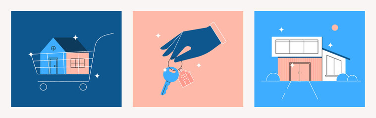 Buying house, new home. Mortgage concept. Investment in real estate, property. Hand holding a key with a ring, house in the shopping cart. Collection of isolated flat vector illustrations