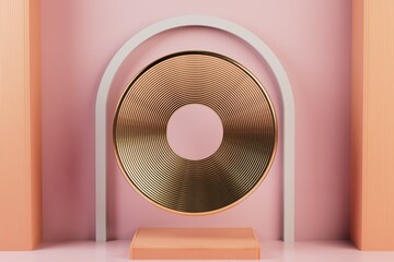 Poster - abstract pastel color background. beautiful vintage white arch with a podium and a round plate in the background for product advertising or text placement. 3d render. 3d illustration