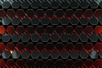 Poster - abstract background. black hexagons tilted in different directions, illuminated with red light. 3d illustration. 3d render