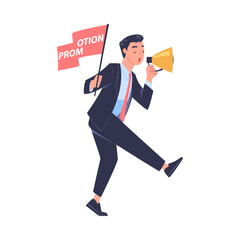 Sticker - Promotion with Man Character with Flag and Megaphone Announcing New Product as Marketing and Advertisement Campaign Vector Illustration