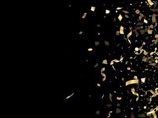 Holiday realistic gold confetti flying on black background.