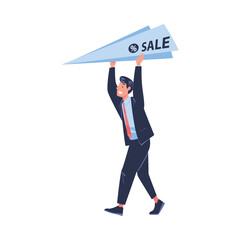 Sticker - Promotion with Man Character Carrying Paper Plane as Marketing and Advertisement Campaign Vector Illustration