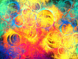 Composición de arte abstracto digital consistente en círculos huecos aglomerados sobre fondo de colores variados en un conjunto que parecen ser gran cantidad de burbujas de lava impulsadas hacia el ci