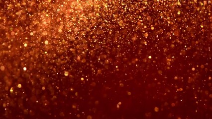 Wall Mural - Falling golden particles in red fluid. Gold dust particles and bokeh move slowly in red liquid. Abstract relaxing background can be used as background or screensaver