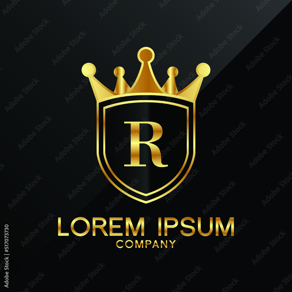 Letter R Emblem Letter R crest logo Alphabet logotype shield crown gold vector design ...