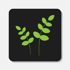 Wall Mural - Floral flat icon. Stylized green branch with green leaves on black background. Best for web, print, logo creating and branding design.