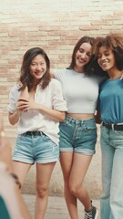 Wall Mural - VERTICAL VIDEO: Happy, lovely multiethnic young people posing for the camera taking photo on summer day outdoors. Young man photographing smiling girls on cellphone camera