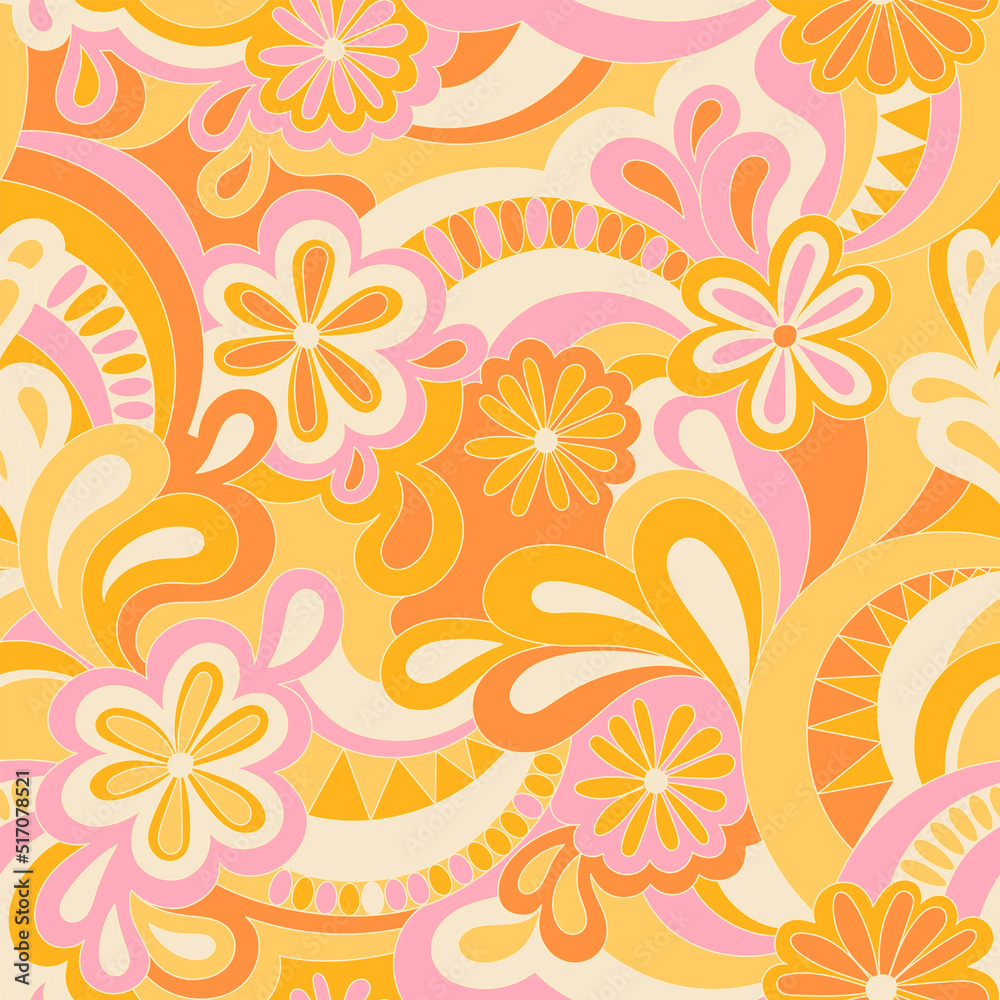 Psychedelic hippie seamless pattern. Vector nostalgic retro 60s groovy ...
