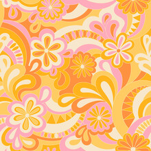 Psychedelic Hippie Seamless Pattern. Vector Nostalgic Retro 60s Groovy Print. Vintage 70s Wavy Background. Textile And Surface Design With Old Fashioned Hand Drawn Abstract Floralel Ements