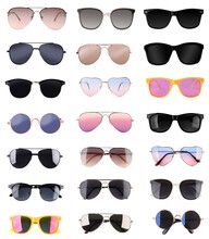Set With Different Stylish Sunglasses On White Background