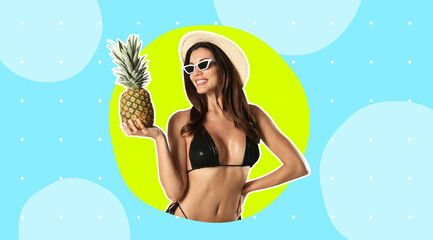 Sticker - Beautiful woman in stylish bikini with pineapple on color background, stylish design. Summer season