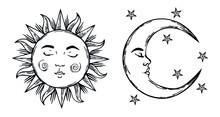 Set Of Beautiful Mystical Elements, Sun And Crescent Moon With Face Vintage Style. Design Tattoos Elements. Antique Style Vector. Hand Drawn In Engraving Style Isolated On White Background.