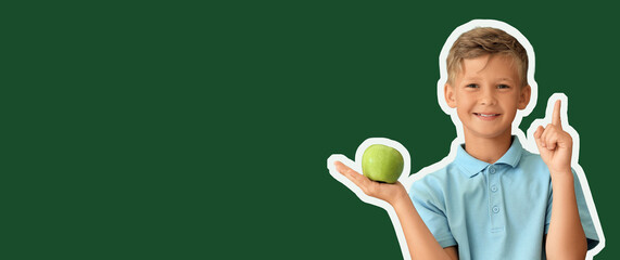 Sticker - Little schoolboy with raised index finger and apple on green background with space for text