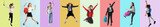 Fototapeta  - Collage of jumping little school children on color background