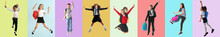 Collage Of Jumping Little School Children On Color Background