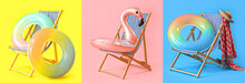 Set Of Deck Chairs With Beach Accessories On Colorful Background