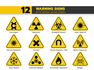 set of isolated material hazardous symbols on yellow round triangle board warning sign for pictograms, icon, label, logo or package industry etc. paperwork flat style vector design.